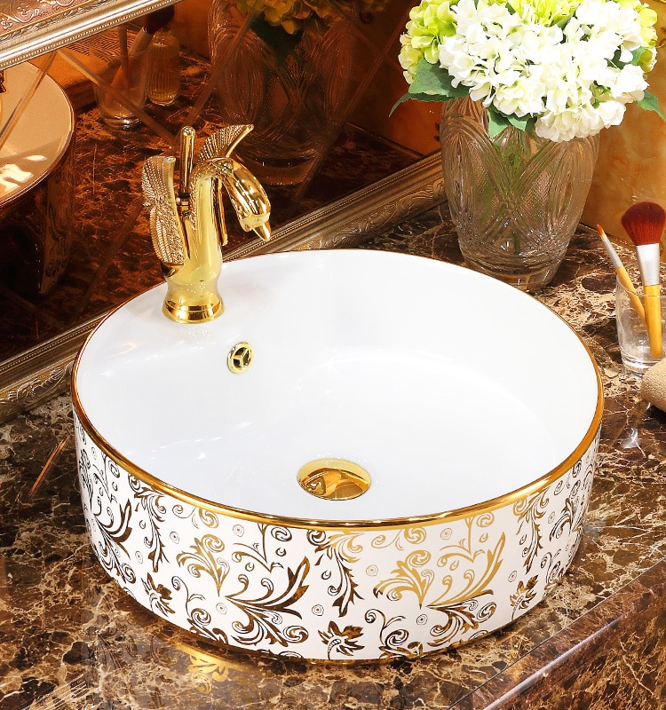 Luxury White & Gold Round Bathroom Basin  -  Gold Bathroom Basins / Sinks