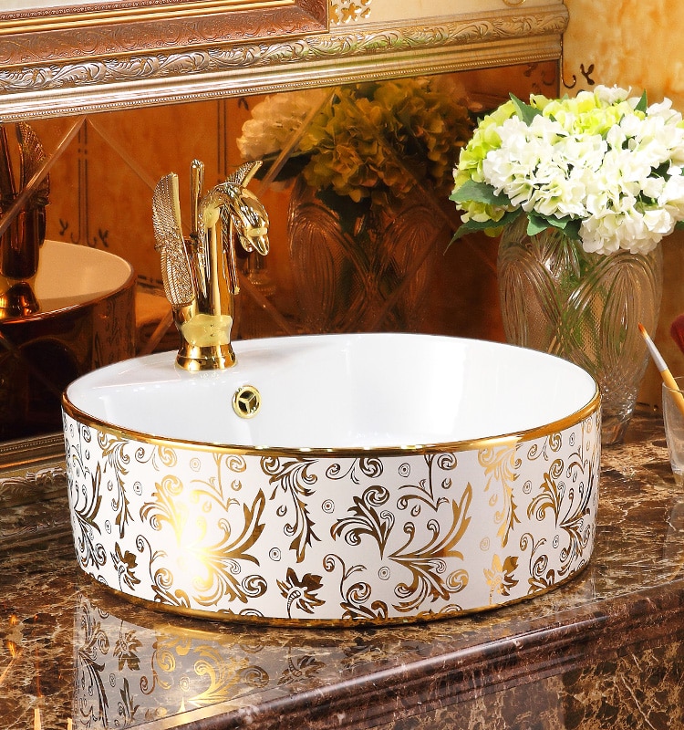 Luxury White & Gold Round Bathroom Basin  -  Gold Bathroom Basins / Sinks