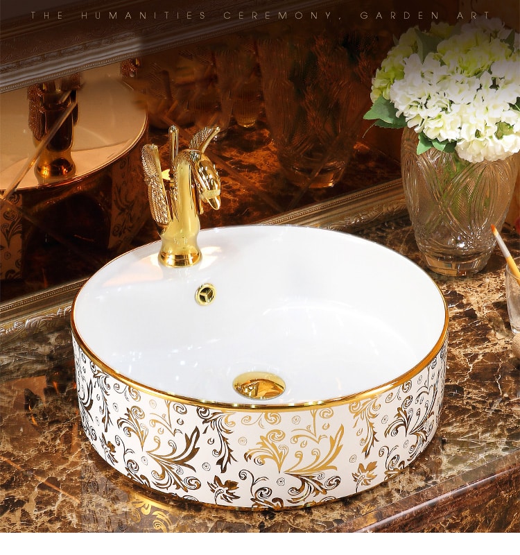 Luxury White & Gold Round Bathroom Basin  -  Gold Bathroom Basins / Sinks
