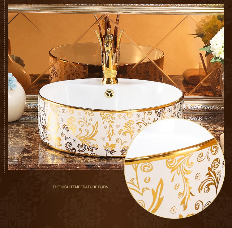 Luxury White & Gold Round Bathroom Basin  -  Gold Bathroom Basins / Sinks