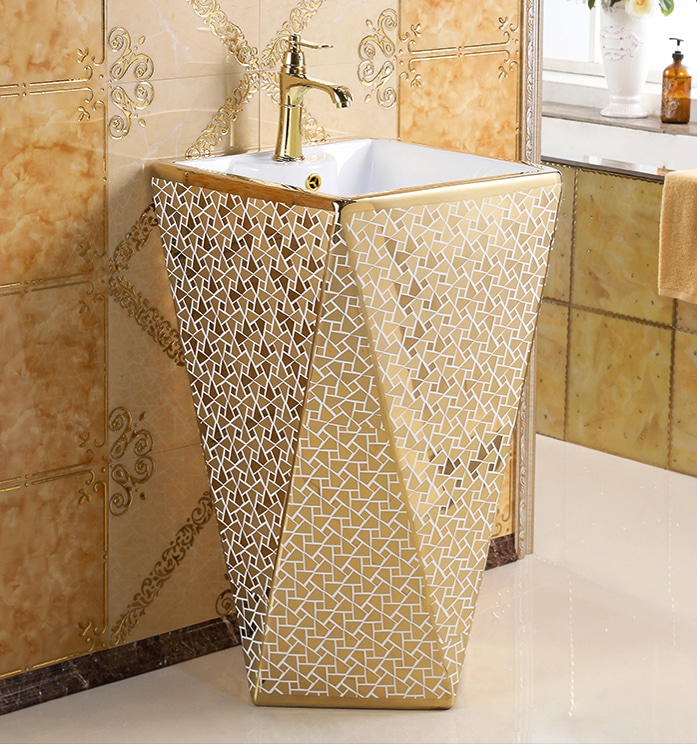 Angular Mosaic Gold Pedestal Basin  -  Gold Bathroom Basins / Sinks