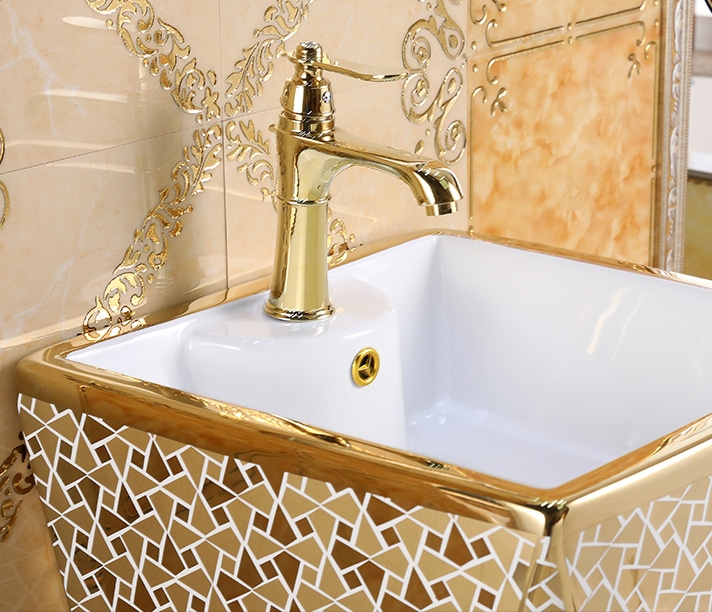 Angular Mosaic Gold Pedestal Basin  -  Gold Bathroom Basins / Sinks