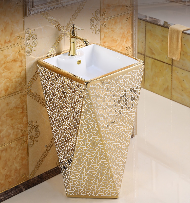 Angular Mosaic Gold Pedestal Basin  -  Gold Bathroom Basins / Sinks