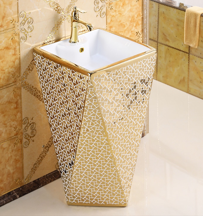 Angular Mosaic Gold Pedestal Basin  -  Gold Bathroom Basins / Sinks