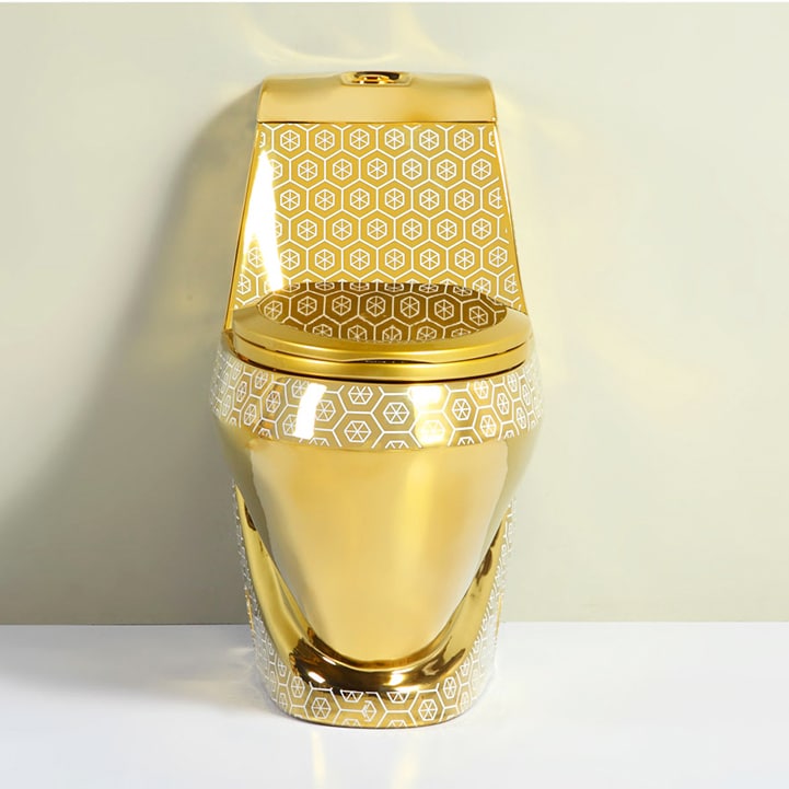 Compact Gold Toilet With White Hexagon Pattern  -  Gold Toilets