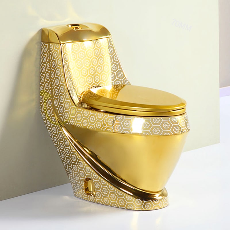 Compact Gold Toilet With White Hexagon Pattern  -  Gold Toilets