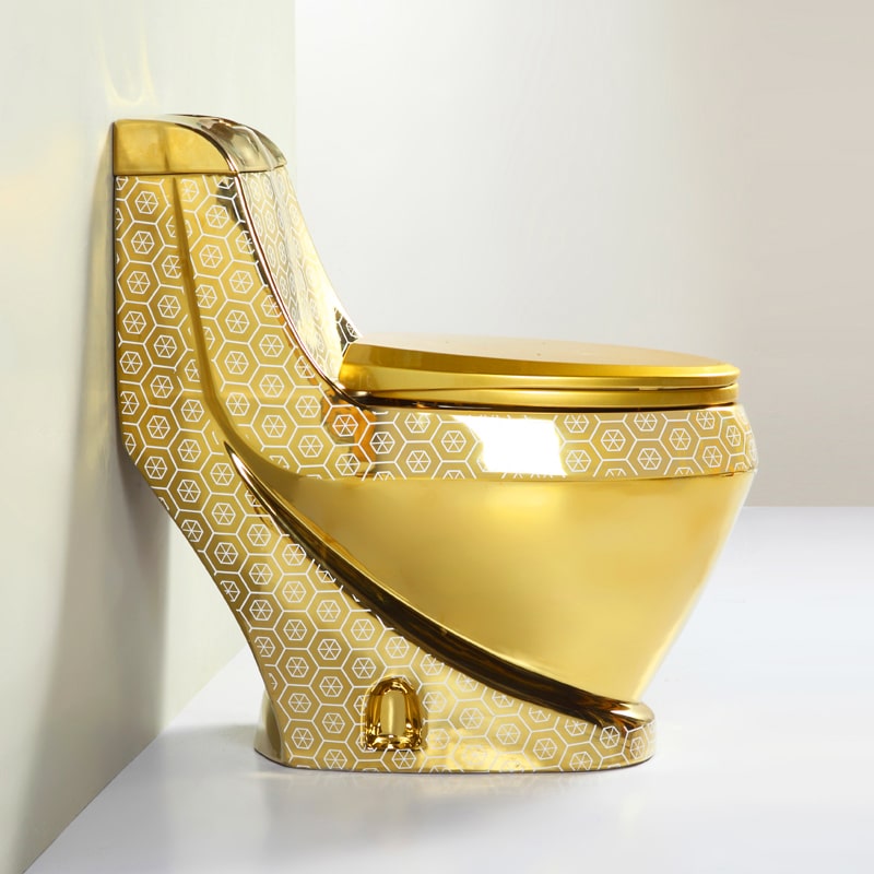 Compact Gold Toilet With White Hexagon Pattern  -  Gold Toilets