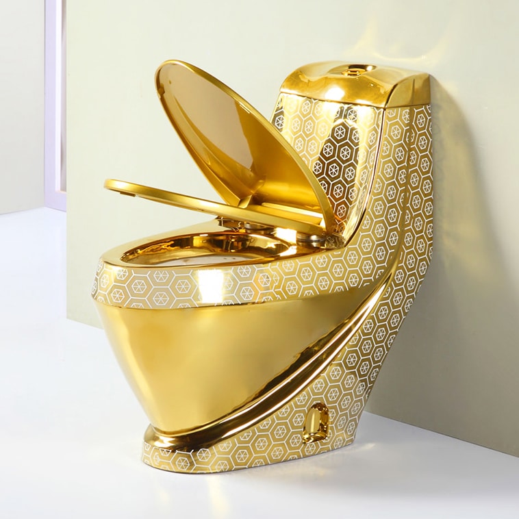 Compact Gold Toilet With White Hexagon Pattern  -  Gold Toilets