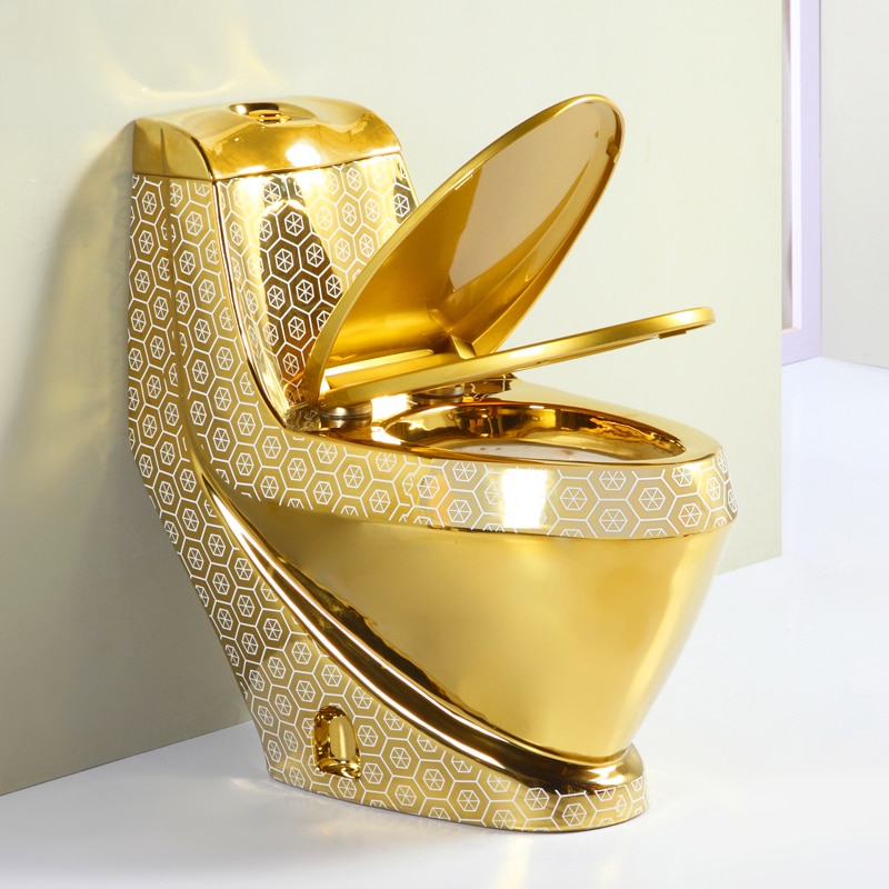 Compact Gold Toilet With White Hexagon Pattern  -  Gold Toilets