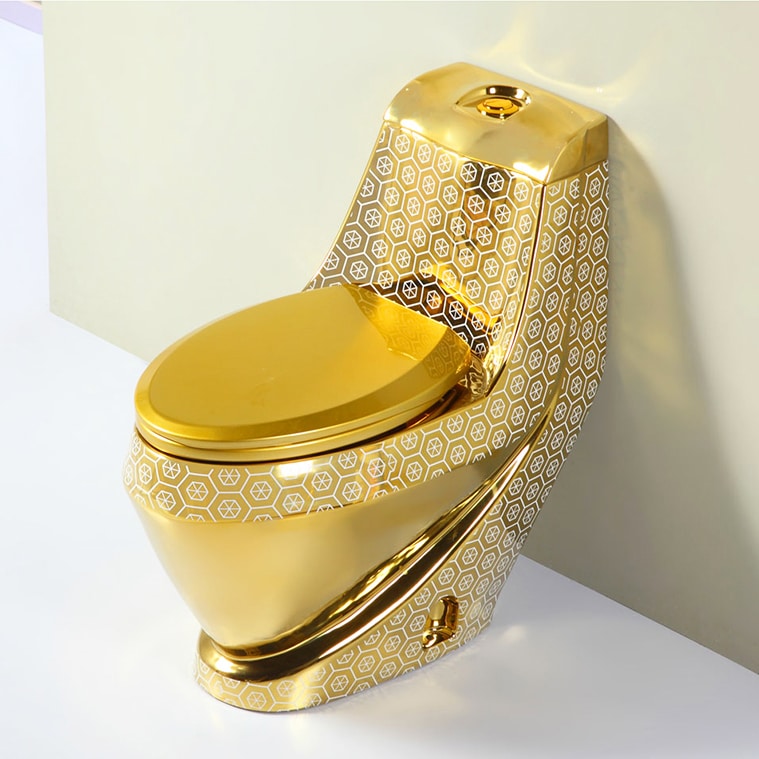 Compact Gold Toilet With White Hexagon Pattern  -  Gold Toilets