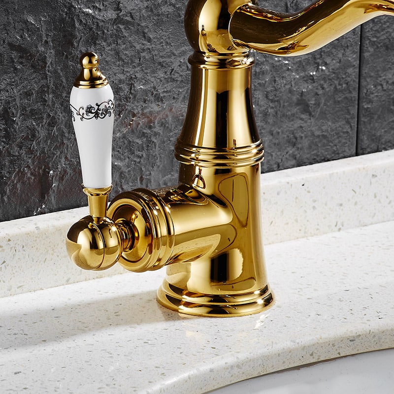 Vintage Gold Bathroom Single Handle Faucet With Diamond  -  Gold Water Taps & Faucets