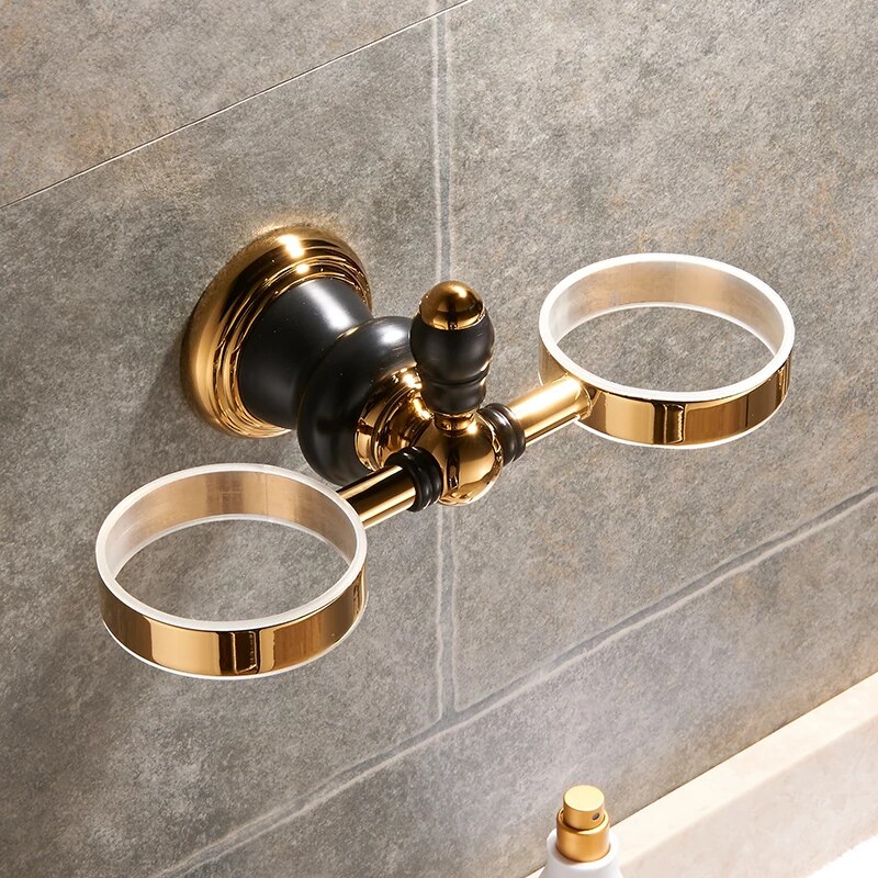 Retro Black And Gold Double Cup-Toothbrush Holder  -  Bathroom Accessories