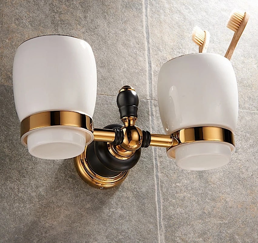 Retro Black And Gold Double Cup-Toothbrush Holder  -  Bathroom Accessories