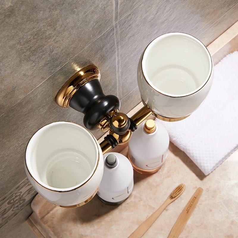 Retro Black And Gold Double Cup-Toothbrush Holder  -  Bathroom Accessories