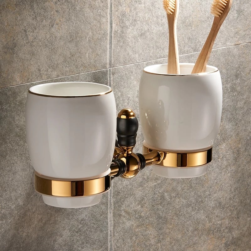 Retro Black And Gold Double Cup-Toothbrush Holder  -  Bathroom Accessories