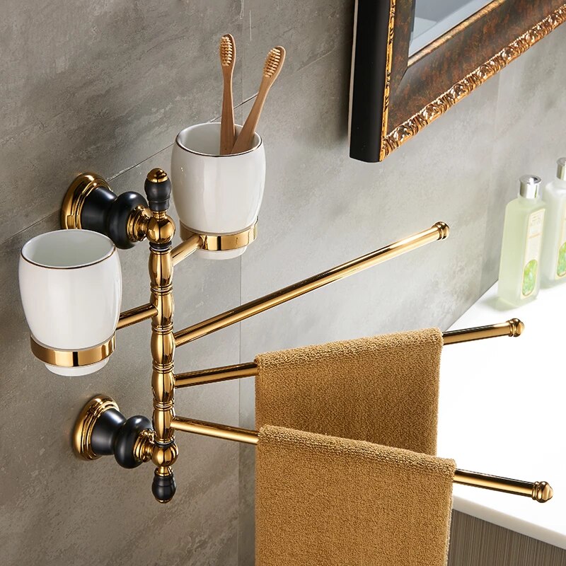 Retro Black And Gold Double Cup-Toothbrush Holder & Towel Holder  -  Bathroom Accessories