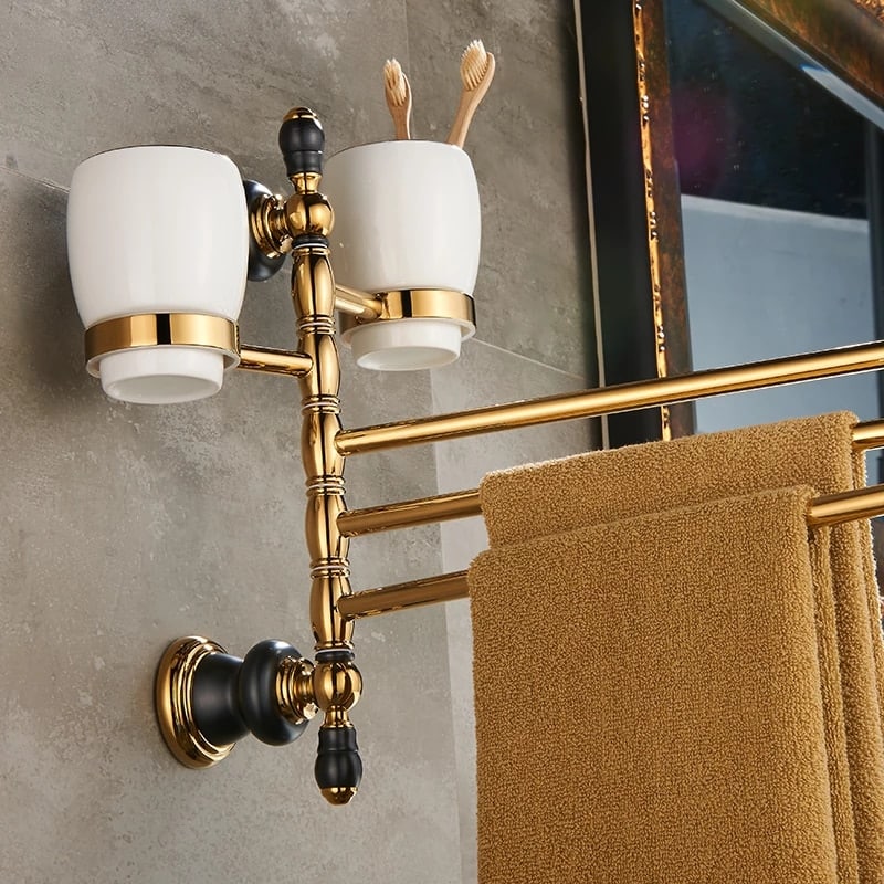 Retro Black And Gold Double Cup-Toothbrush Holder & Towel Holder  -  Bathroom Accessories