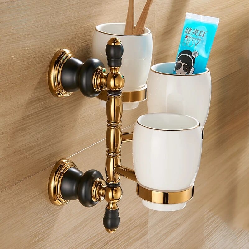 Retro Black And Gold Triple Cup-Toothbrush Holder  -  Bathroom Accessories