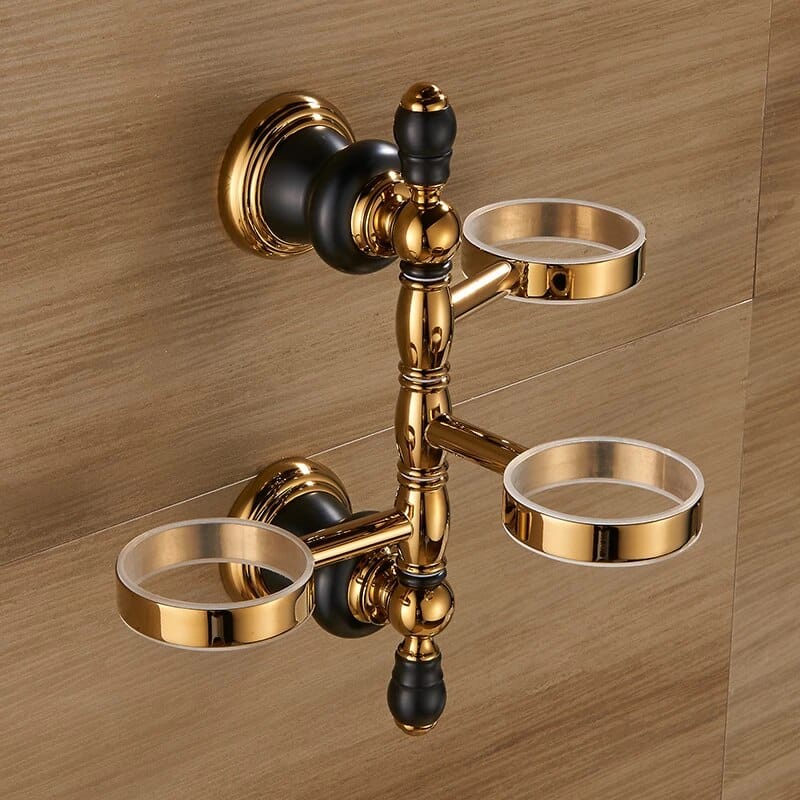 Retro Black And Gold Triple Cup-Toothbrush Holder  -  Bathroom Accessories