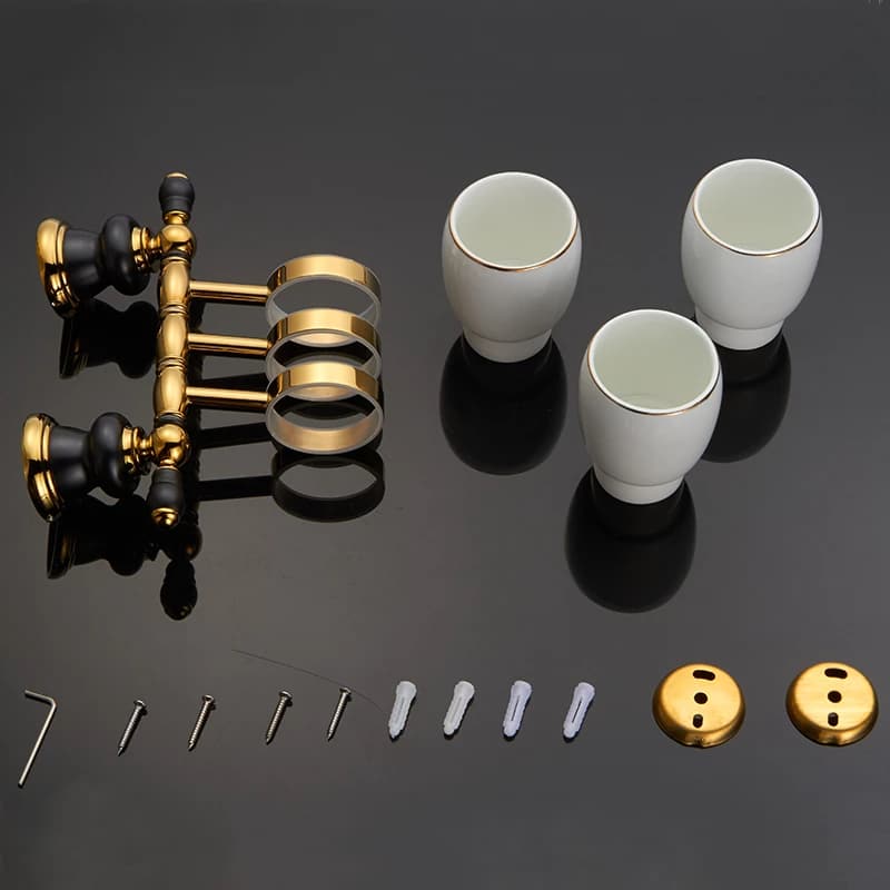 Retro Black And Gold Triple Cup-Toothbrush Holder  -  Bathroom Accessories