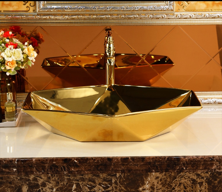 Angular Plain Gold Bathroom Basin (Large)  -  Gold Bathroom Basins / Sinks