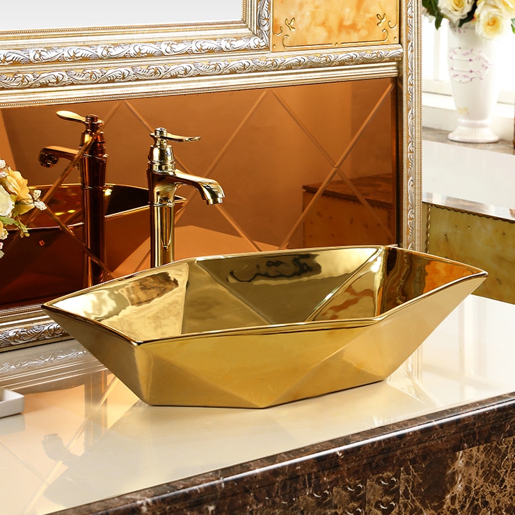 Angular Plain Gold Bathroom Basin (Large)  -  Gold Bathroom Basins / Sinks