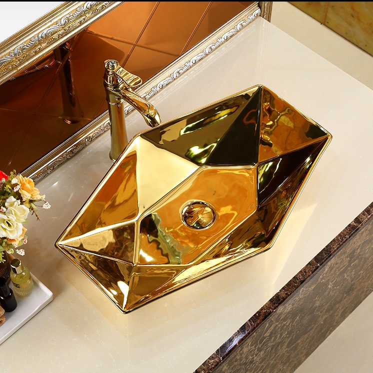 Angular Plain Gold Bathroom Basin (Large)  -  Gold Bathroom Basins / Sinks