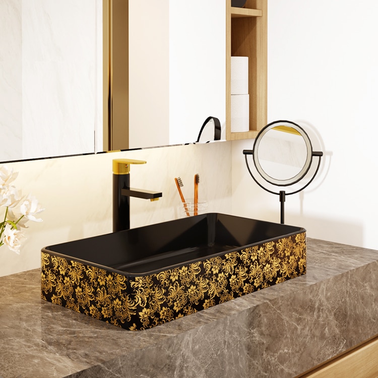 Luxury Black And Gold Rectangular Bathroom Basin  -  Gold Bathroom Basins / Sinks