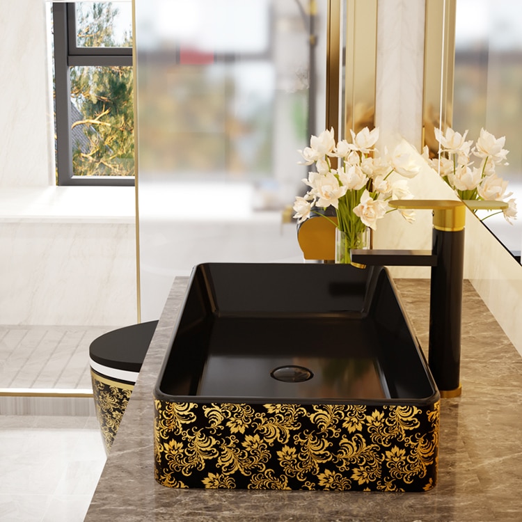 Luxury Black And Gold Rectangular Bathroom Basin  -  Gold Bathroom Basins / Sinks