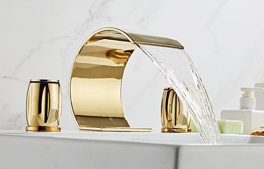 Slim Dual Handle Gold Waterfall Bathroom Faucet  -  Gold Water Taps & Faucets