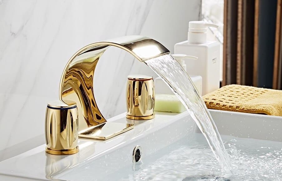 Slim Dual Handle Gold Waterfall Bathroom Faucet  -  Gold Water Taps & Faucets