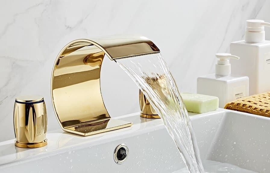 Slim Dual Handle Gold Waterfall Bathroom Faucet  -  Gold Water Taps & Faucets
