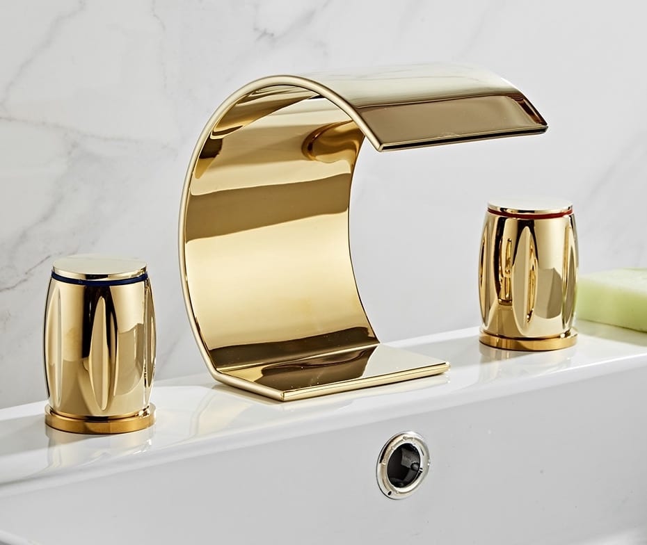 Slim Dual Handle Gold Waterfall Bathroom Faucet  -  Gold Water Taps & Faucets