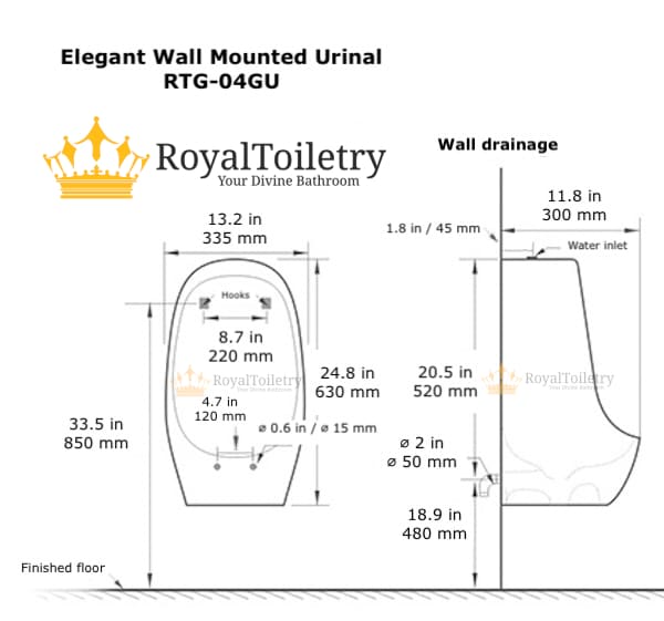Elegant Wall Mounted Plain Gold Urinal dimensions