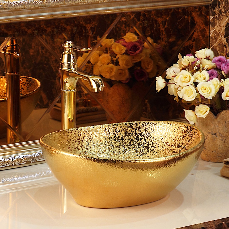 Abstract Oval Bathroom Basin With Liquid Gold Texture  -  Gold Bathroom Basins / Sinks