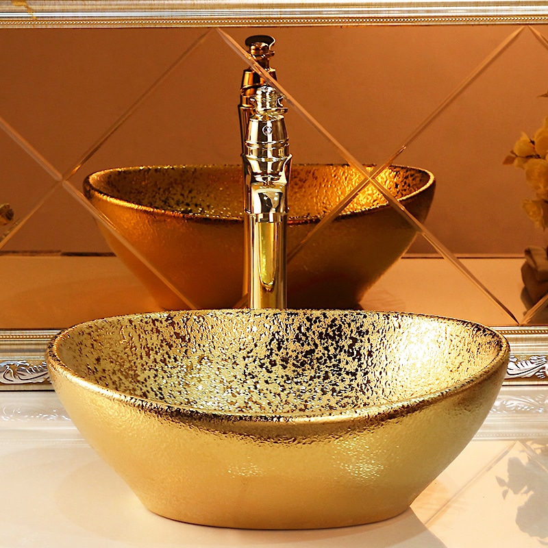 Abstract Oval Bathroom Basin With Liquid Gold Texture  -  Gold Bathroom Basins / Sinks