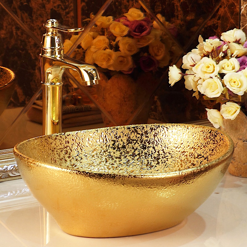 Abstract Oval Bathroom Basin With Liquid Gold Texture  -  Gold Bathroom Basins / Sinks