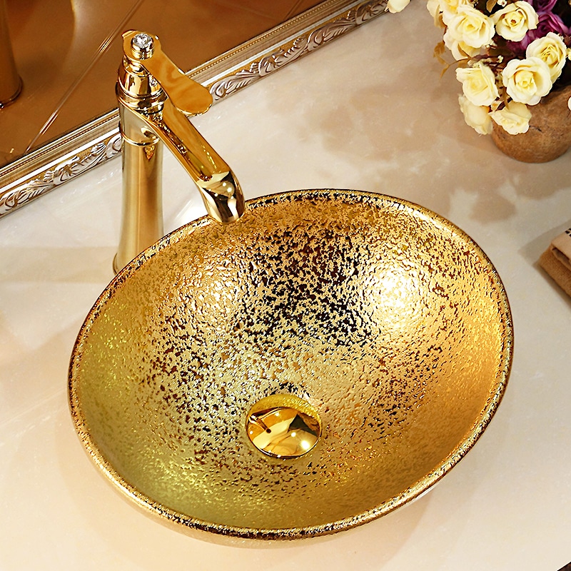 Abstract Oval Bathroom Basin With Liquid Gold Texture  -  Gold Bathroom Basins / Sinks
