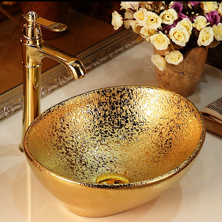 Abstract Oval Bathroom Basin With Liquid Gold Texture  -  Gold Bathroom Basins / Sinks