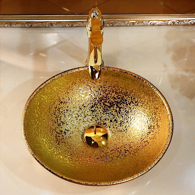 Abstract Oval Bathroom Basin With Liquid Gold Texture  -  Gold Bathroom Basins / Sinks