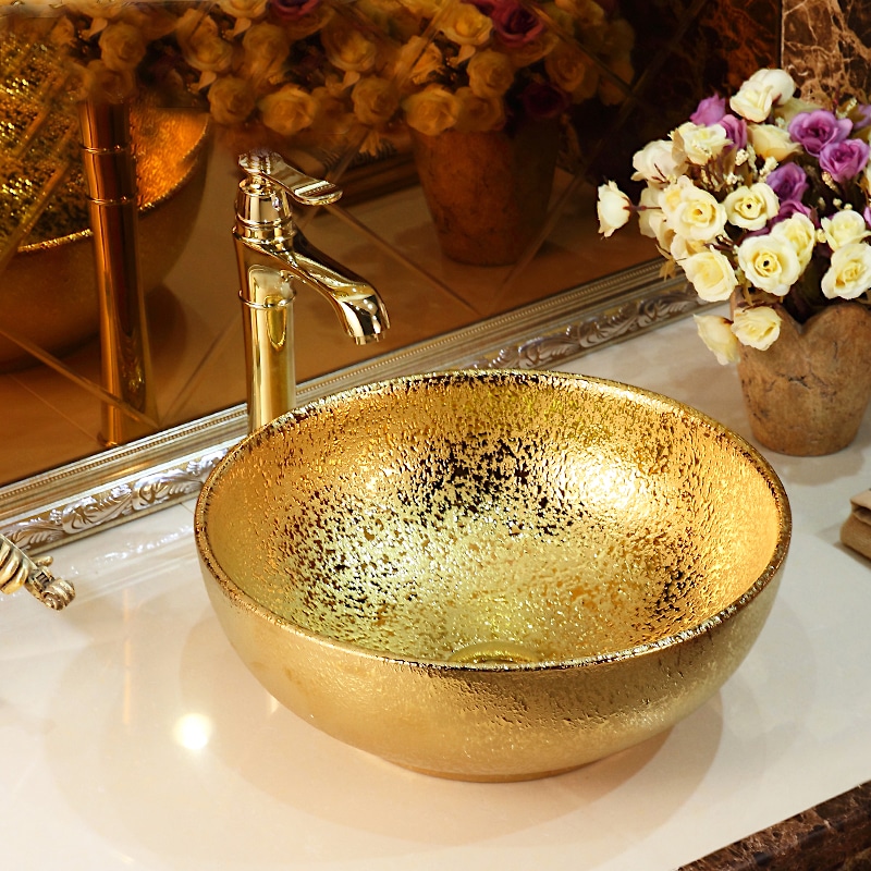 Abstract Round Bathroom Basin With Liquid Gold Texture  -  Gold Bathroom Basins / Sinks