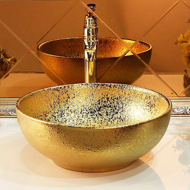 Abstract Round Bathroom Basin With Liquid Gold Texture  -  Gold Bathroom Basins / Sinks