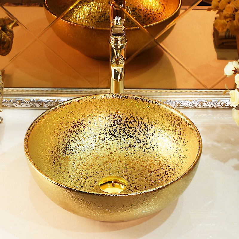 Abstract Round Bathroom Basin With Liquid Gold Texture  -  Gold Bathroom Basins / Sinks