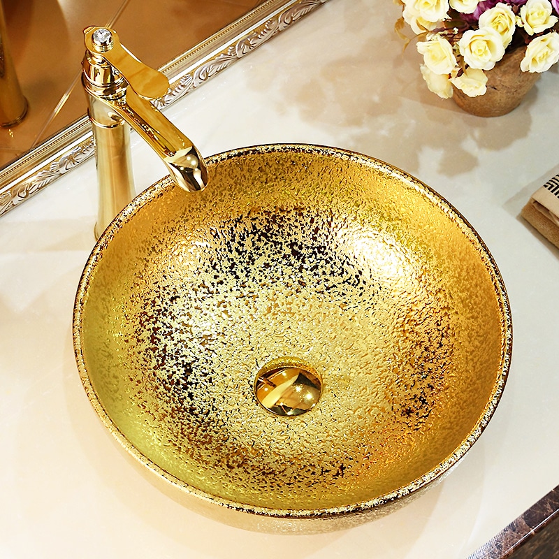 Abstract Round Bathroom Basin With Liquid Gold Texture  -  Gold Bathroom Basins / Sinks
