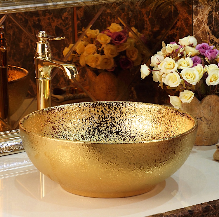 Abstract Round Bathroom Basin With Liquid Gold Texture  -  Gold Bathroom Basins / Sinks