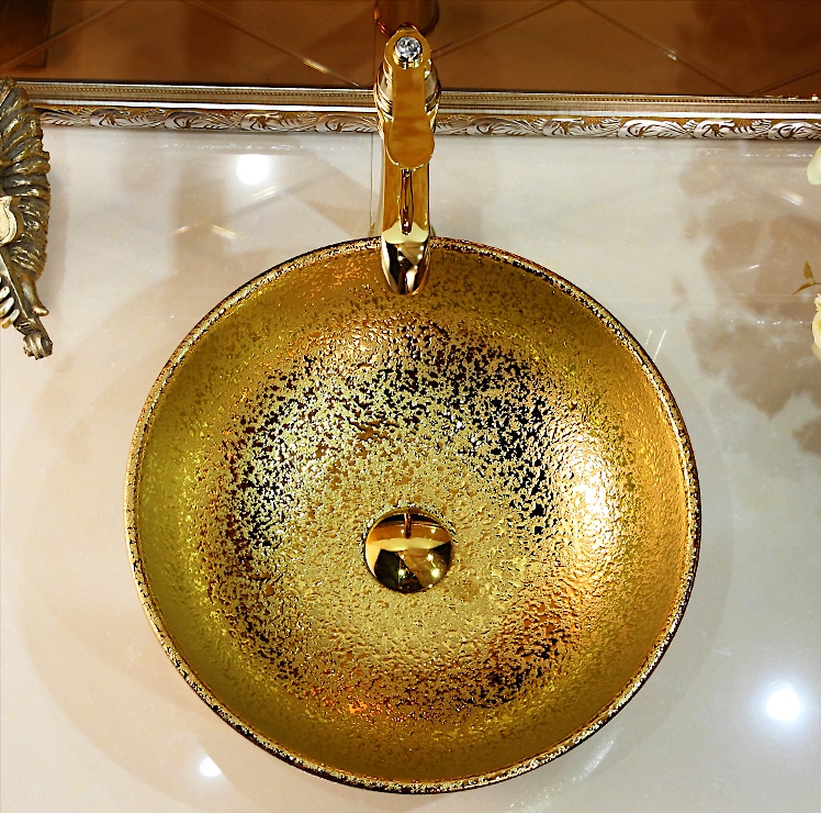 Abstract Round Bathroom Basin With Liquid Gold Texture  -  Gold Bathroom Basins / Sinks