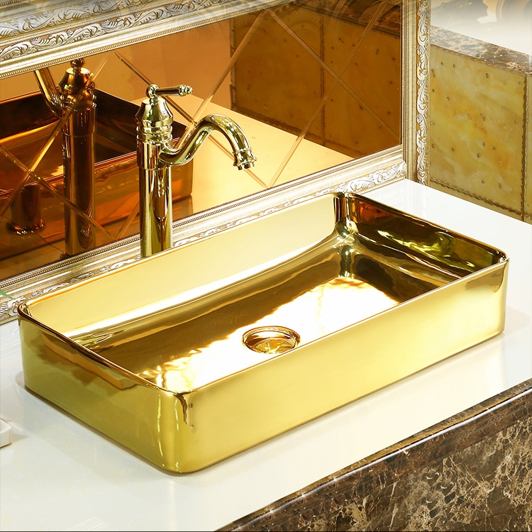 Classic Plain Gold Rectangular Bathroom Basin  -  Gold Bathroom Basins / Sinks