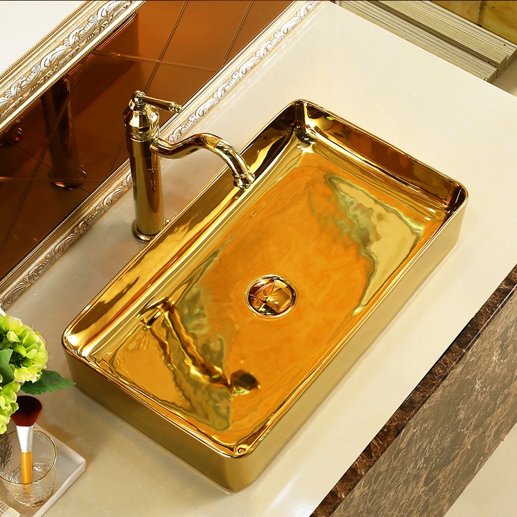 Classic Plain Gold Rectangular Bathroom Basin  -  Gold Bathroom Basins / Sinks