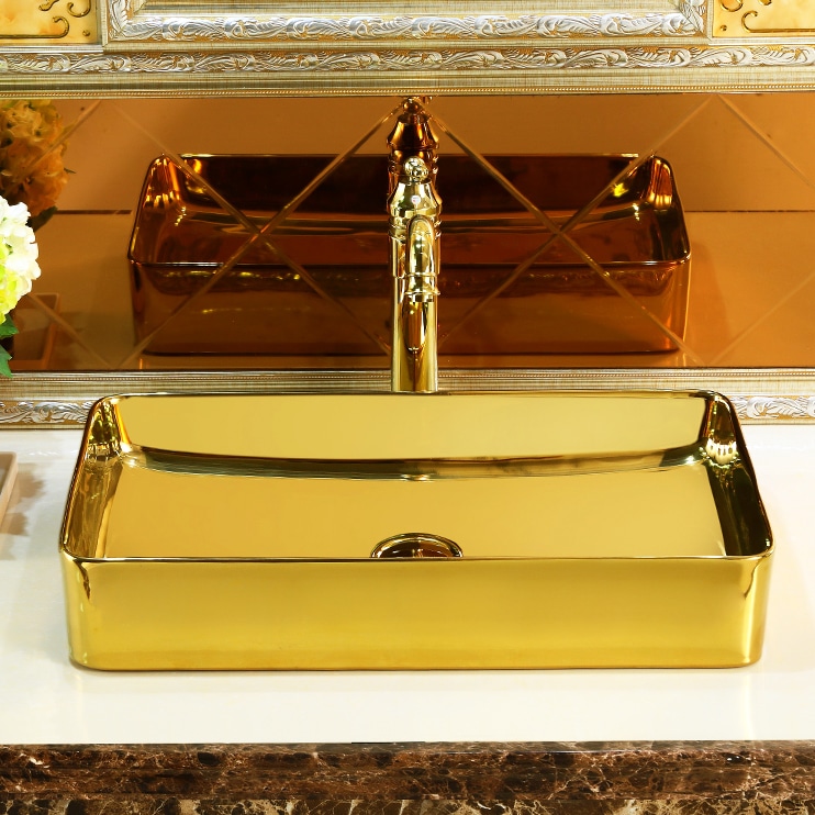 Classic Plain Gold Rectangular Bathroom Basin  -  Gold Bathroom Basins / Sinks