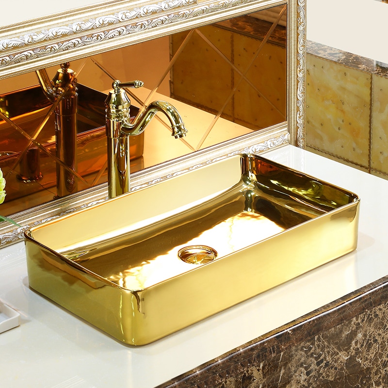 Classic Plain Gold Rectangular Bathroom Basin  -  Gold Bathroom Basins / Sinks